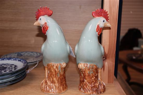 A pair of Chinese celadon chickens height 25cm
